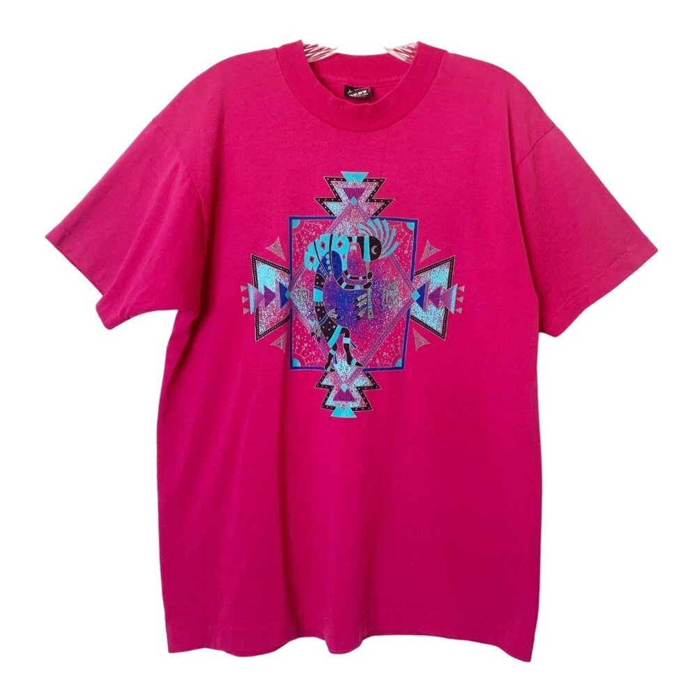 Vintage 90s Pink & Teal Single Stitch Aztec Print T-Shirt Size Large